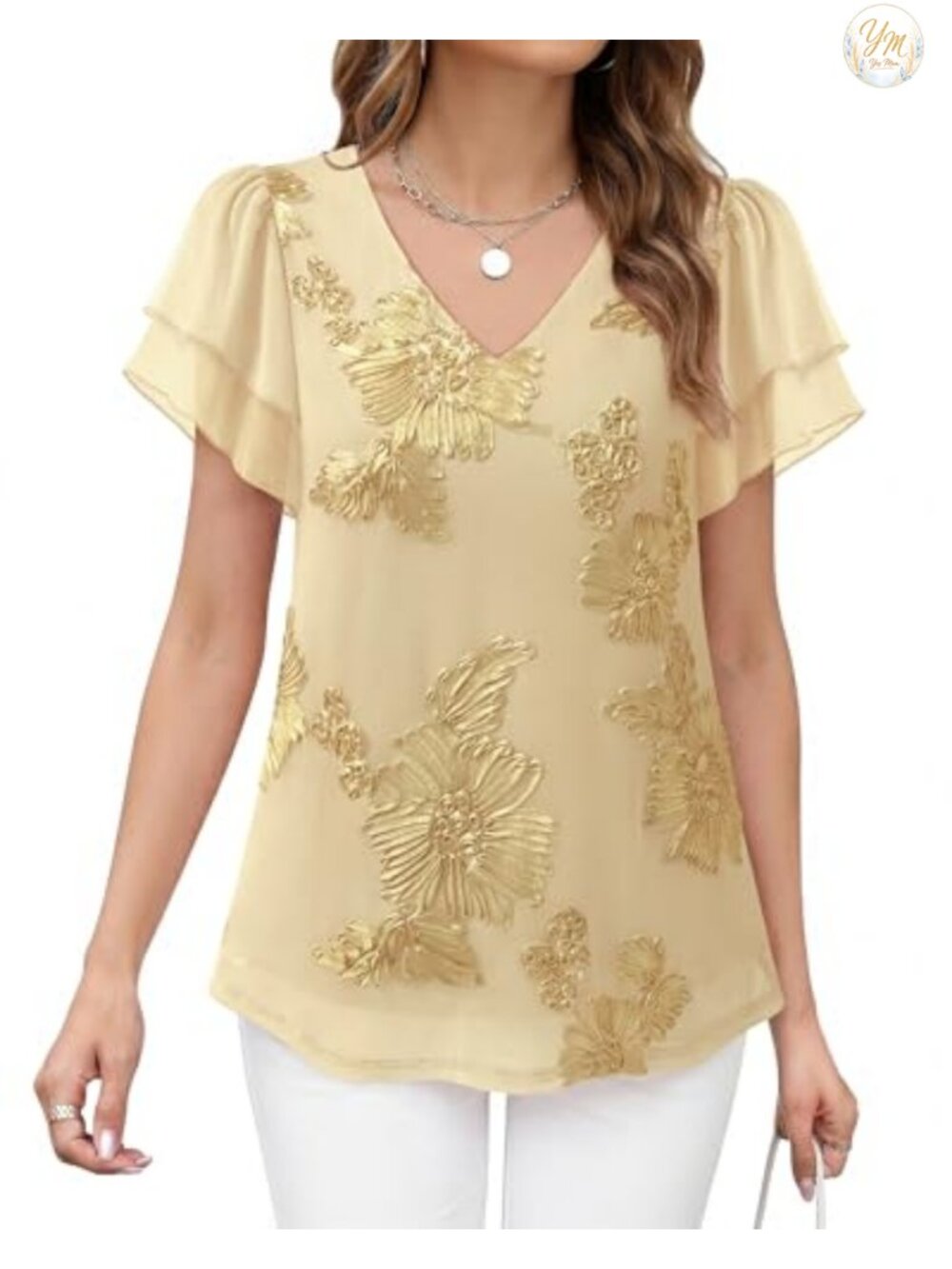 Womens Dressy Ruffle Short Sleeve Floral Tunic Blouse